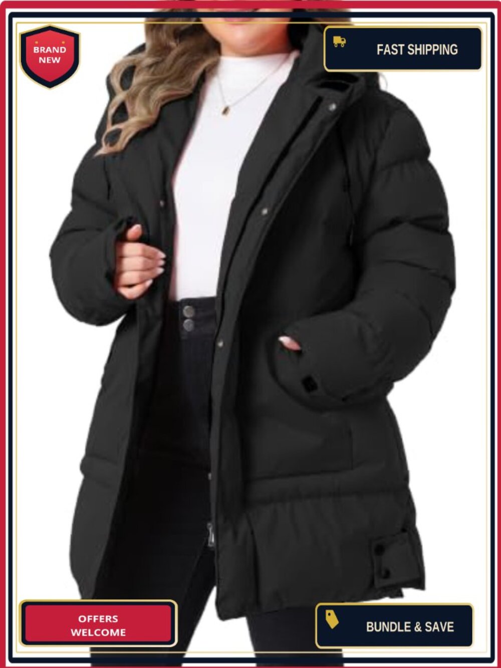 Women Plus Size Windproof Winter Padded Jacket with Hood Quilted Puffer